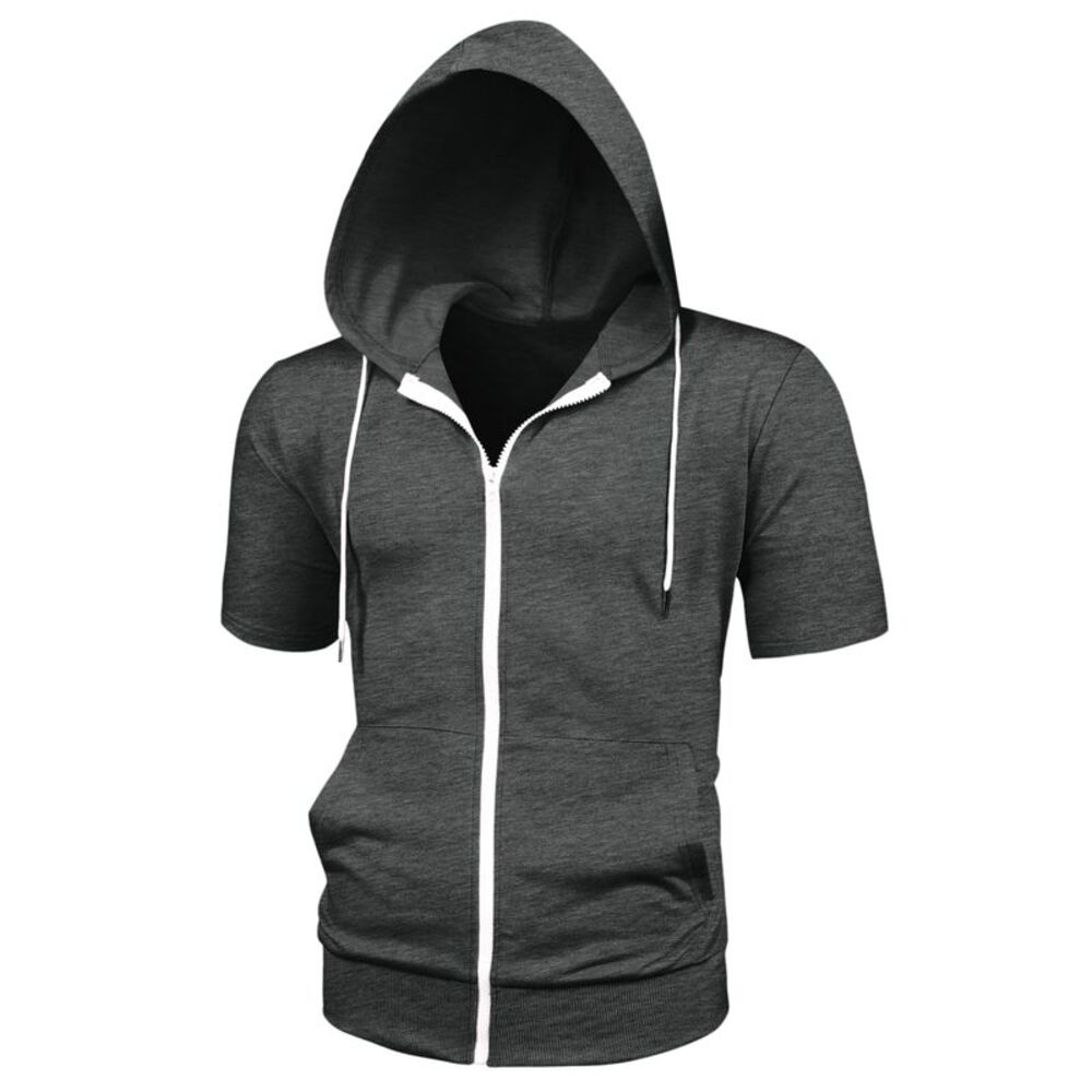 Hoodies Solid Color Zip Up Short Sleeve Jackets with Hood Dark Gray